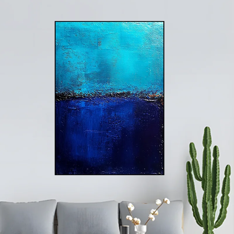 Pure Hand Drawn Blue Abstract Sea View Frameless Oil Painting On Canvas For Home Decoration Living Room Wall Hanging Image