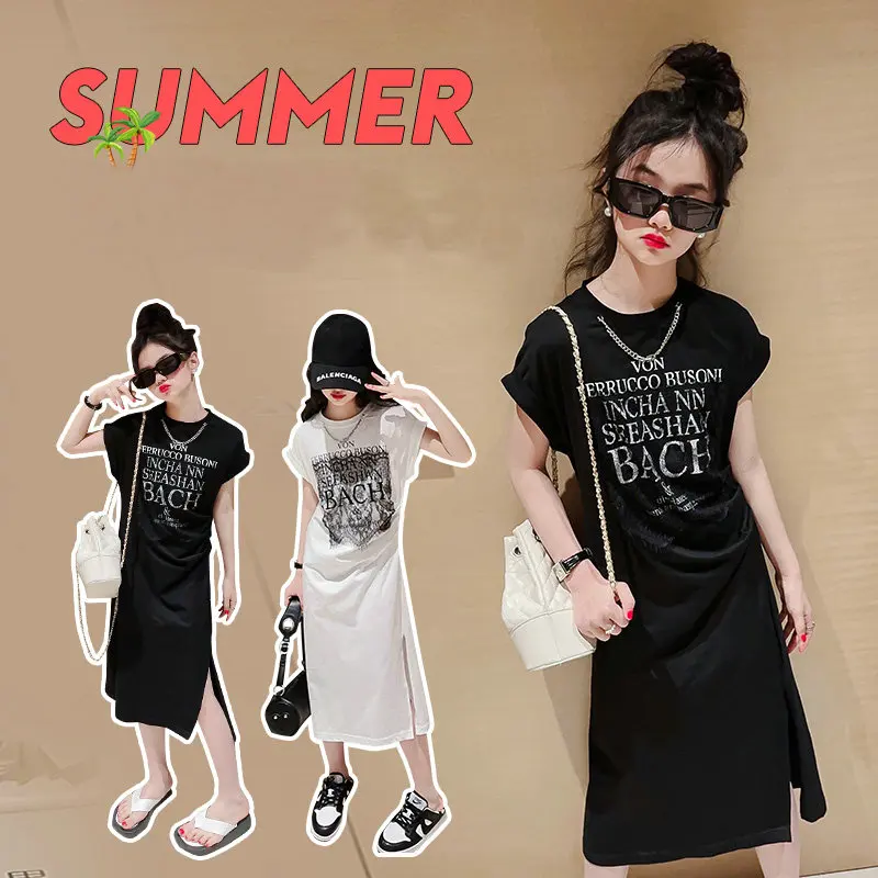 

Teen Girls Summer Slit T Shirt Dress New Korean Version Long Skirt Fashion Kids Black White Pleated Dress 11 12 13 14 clothes