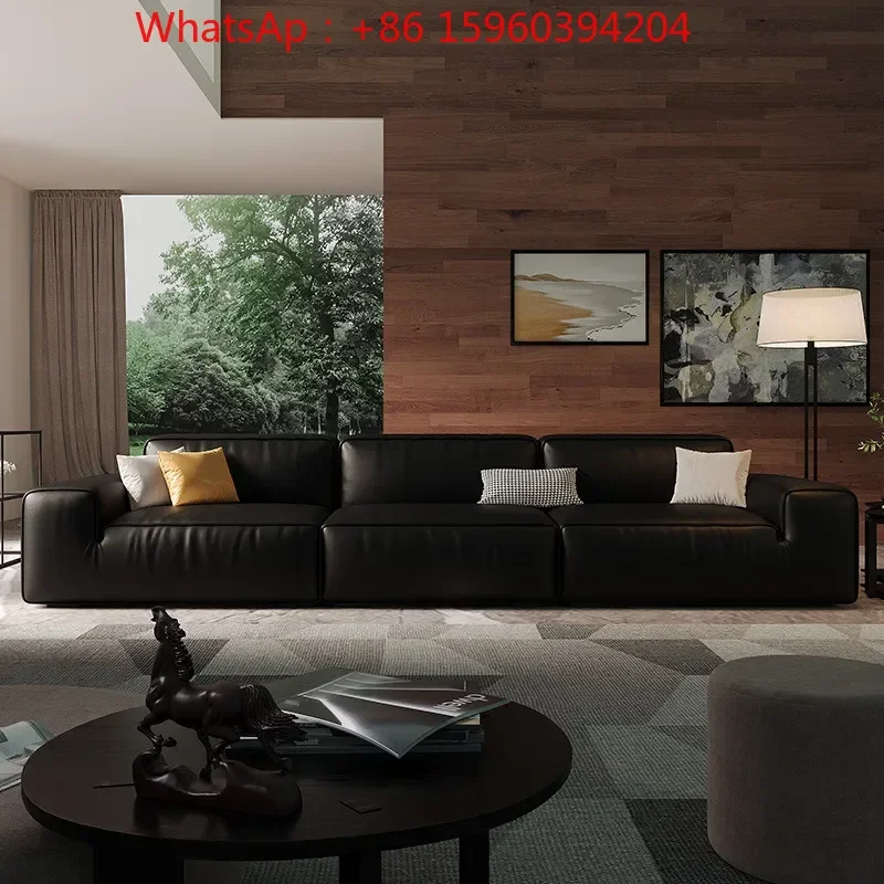 Italian style Xiatu leather sofa big black cow living room size apartment full leather top-layer cowhide sofa straight row