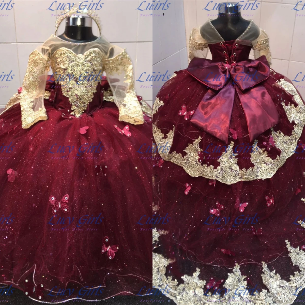 

New Gorgeous Red Flower Girls Dress Tulle Fluffy Quality Gold Applique With Long Tail Kid Birthday Party Evening Ball Gowns