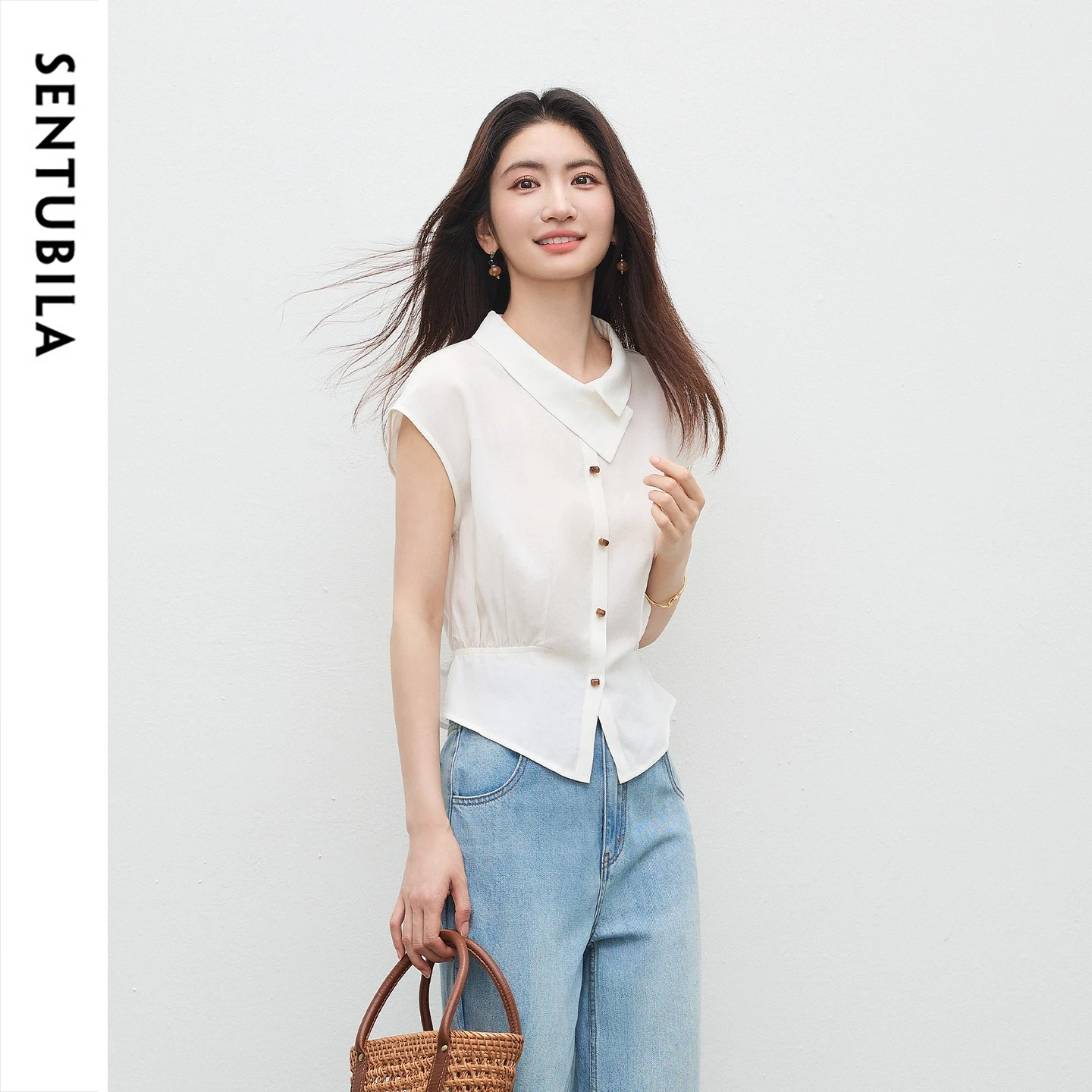 SENTUBILA Women's Lyocell White Shirt 2026 Summer Lapel Flying Sleeves Waist Commuter Top Female Simple Clothing 162CA7506