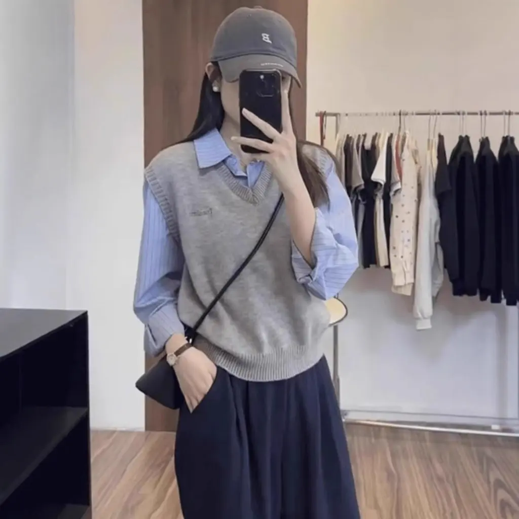 

Women's Fake Two-Piece Striped Stitching Knitted Long-Sleeved Shirt Casual College Style Trendy Spring Autumn Top