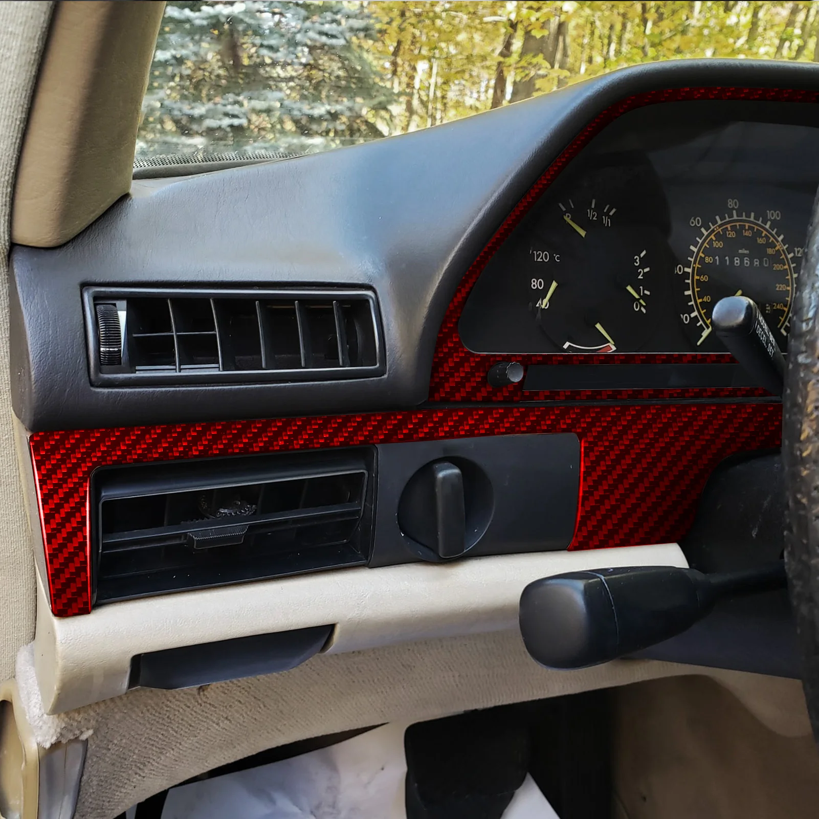 For Mercedes-Benz S-Class W126 1980-1991 Red Carbon Fiber Dashboard Speedometer Air Vent Panel Cover Set Car Accessories Sticker