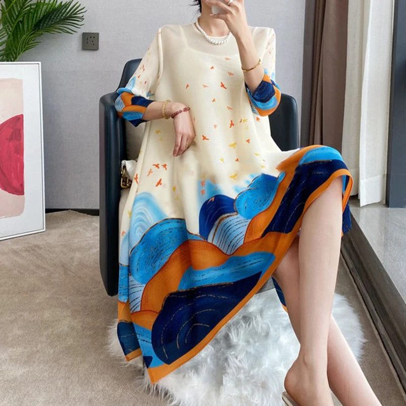 Pleated Women's Dress High end Mid length Loose Print Skirt Spring/Summer New Style  vestido feminino
