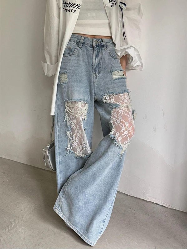 

Retro American Lace Splicing Hole Denim Pants Women's Loose Wide Leg Long Trousers Spring Summer New Leisure Style Jeans