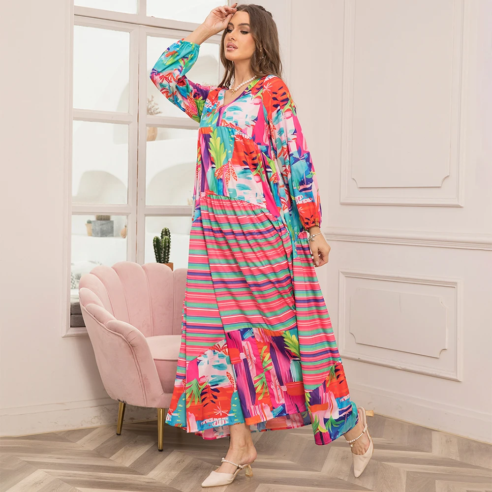 Sweet V-neck Printing Irregular Regular sleeve Long Dresses