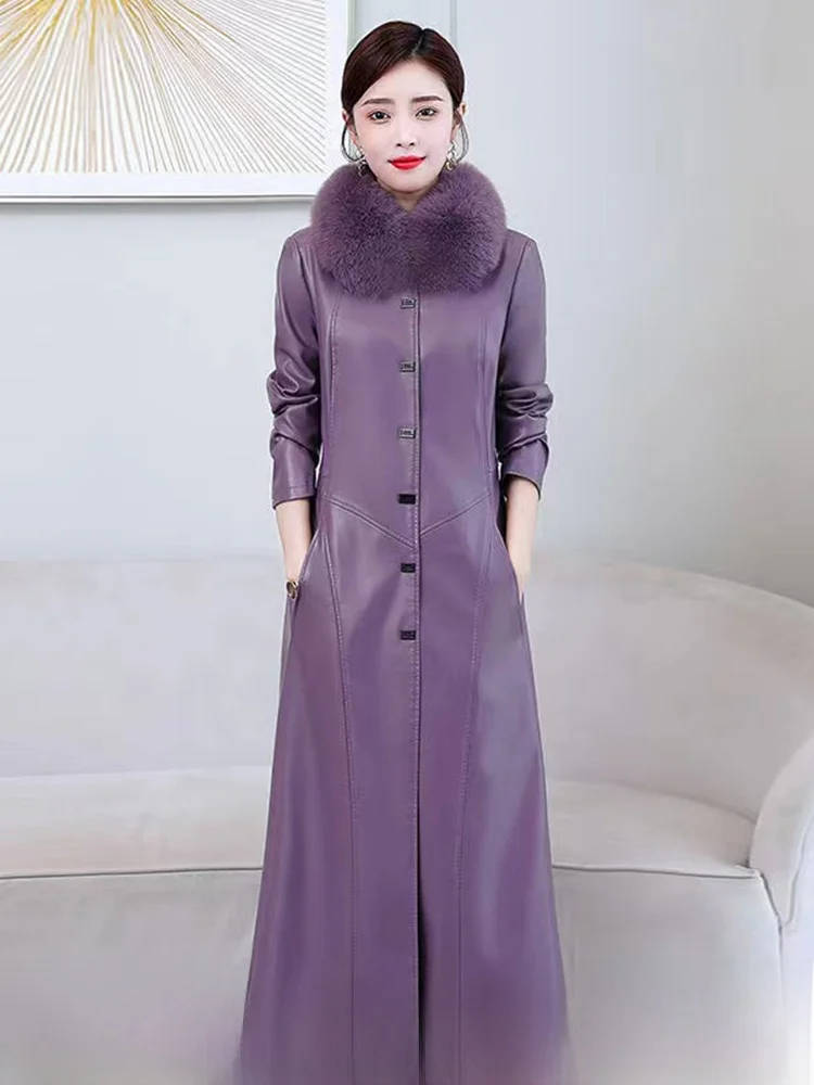 

Women's Mid-Length Slim Fit Leather Jaet Fur Collar Windbreaker Coat Korean Sle Genuine eepskin Autumn Winter Coat