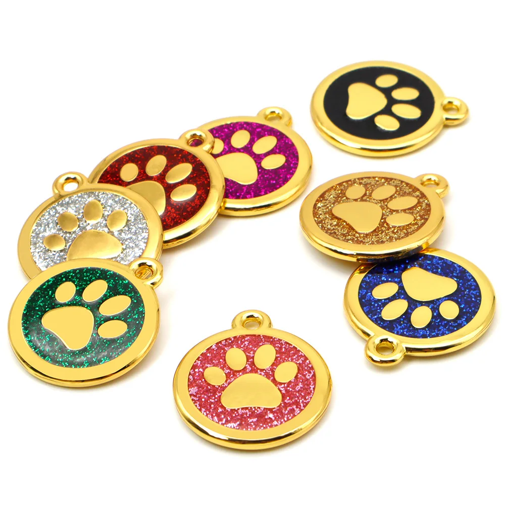 

100Pcs Dog ID Tags Fashion Gold Sparkles Paw Round Blank Alloy Pendant Customized Name Pet Puppy Accessories DIY Bracelet Je