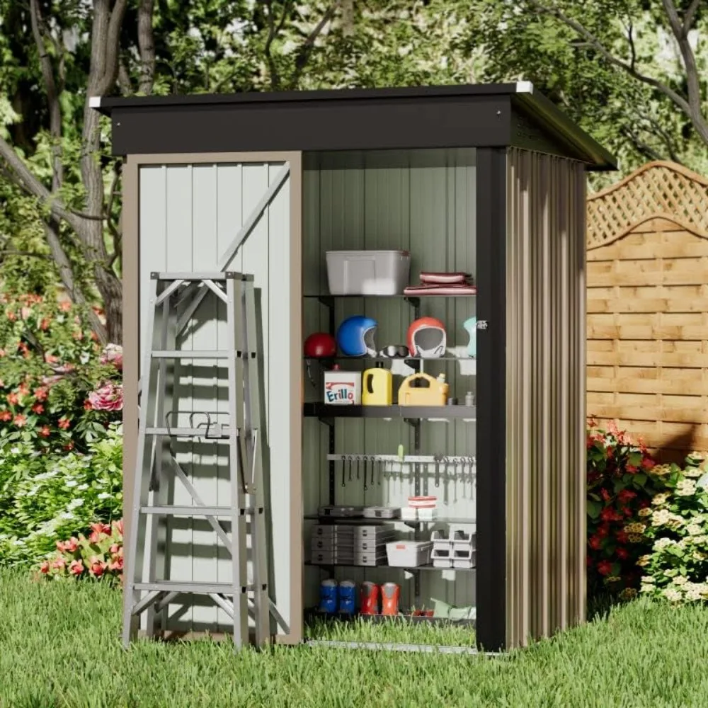 Small Outdoor Storage Cabinet with Door and Lock, Anti-corrosion Metal Shed, Waterproof, Brown, 5 Feet