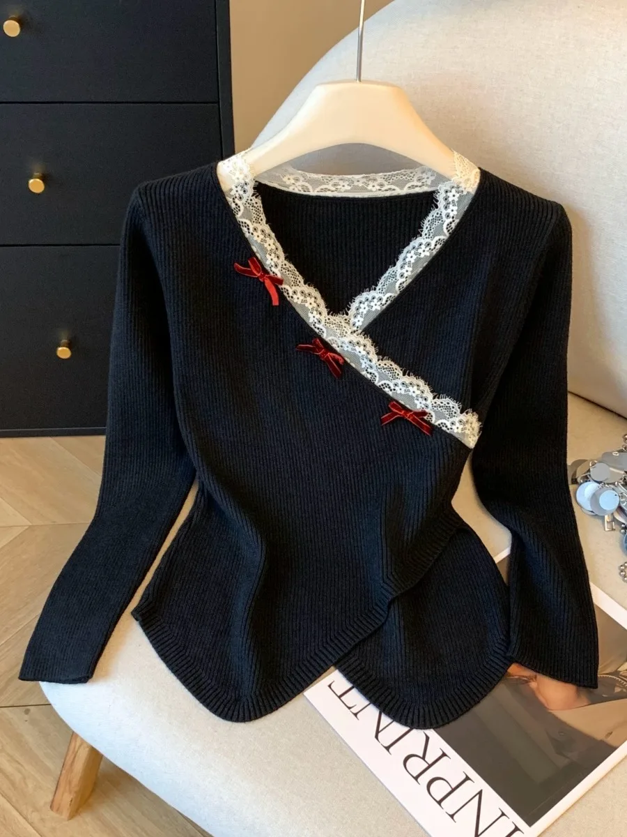 Atasan Rajut V-Ne Sleek Wanita Musim Gugur Musim Dingin dengan Renda Simpul, Model Silang, Slim Fit, Bahan Lembut, Panjang...