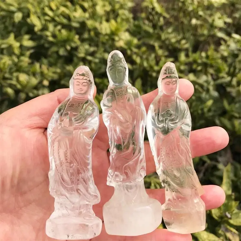 3pcs Natural Clear Quartz Kwan-yin Crystal Carving Feng Shui Home Decoration Buddhism Healing Holiday Gift