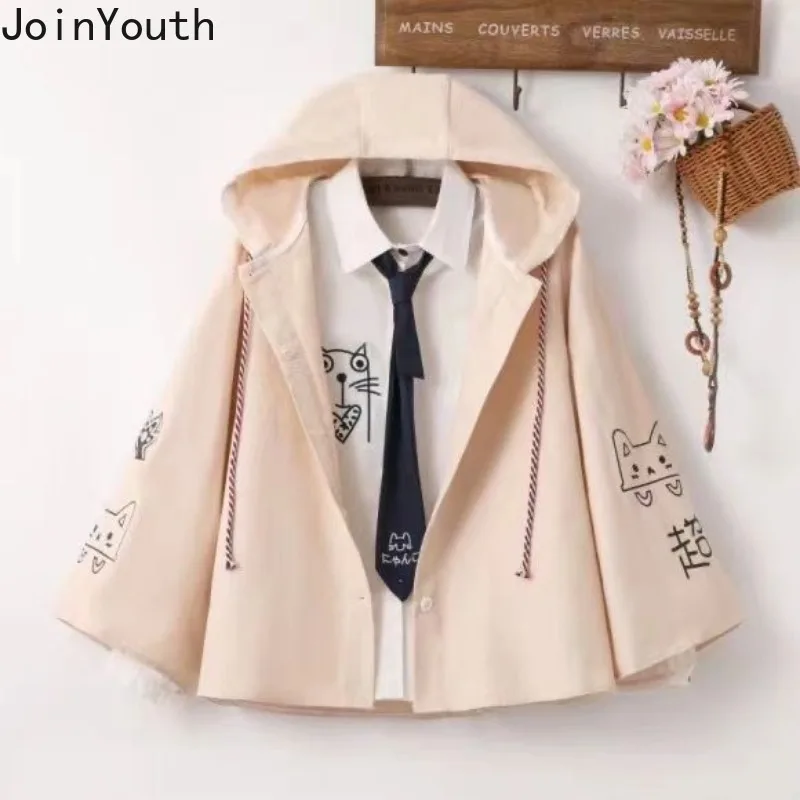 Veste Japonaise à Capuche pour Femme, Streetwear, Imprimé Chat, Fermeture Éclair, Vêtements d'Extérieur Respirants, Mode Décontractée, Mignon, Combiné Y2k, 2024