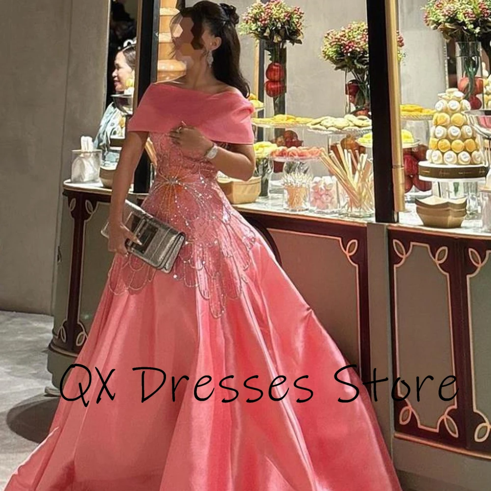 Customized Pink Fashion Boat Neck Satin Evening Dress A-line Sequined Appliques Draped Floor Length Elegant Party Dress Luxury