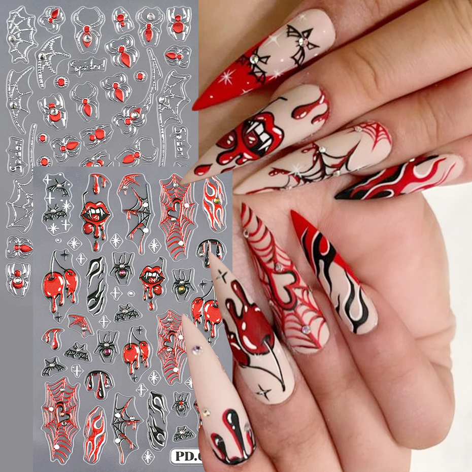 2 pcs 5D Embossed Horror Mouth Lips Red Spiders Nail Stickers Halloween Y2K Spider Web Bleeding Blood Flame Nail Decals