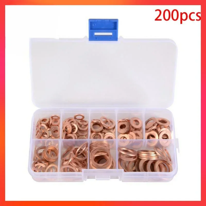 200pcs Nuts Brass Washers Spacers Nuts and Bolts Set Flat Ring Seal Combo Kit with Box /M8/M10/M12/M14 for Oil Pan Plug