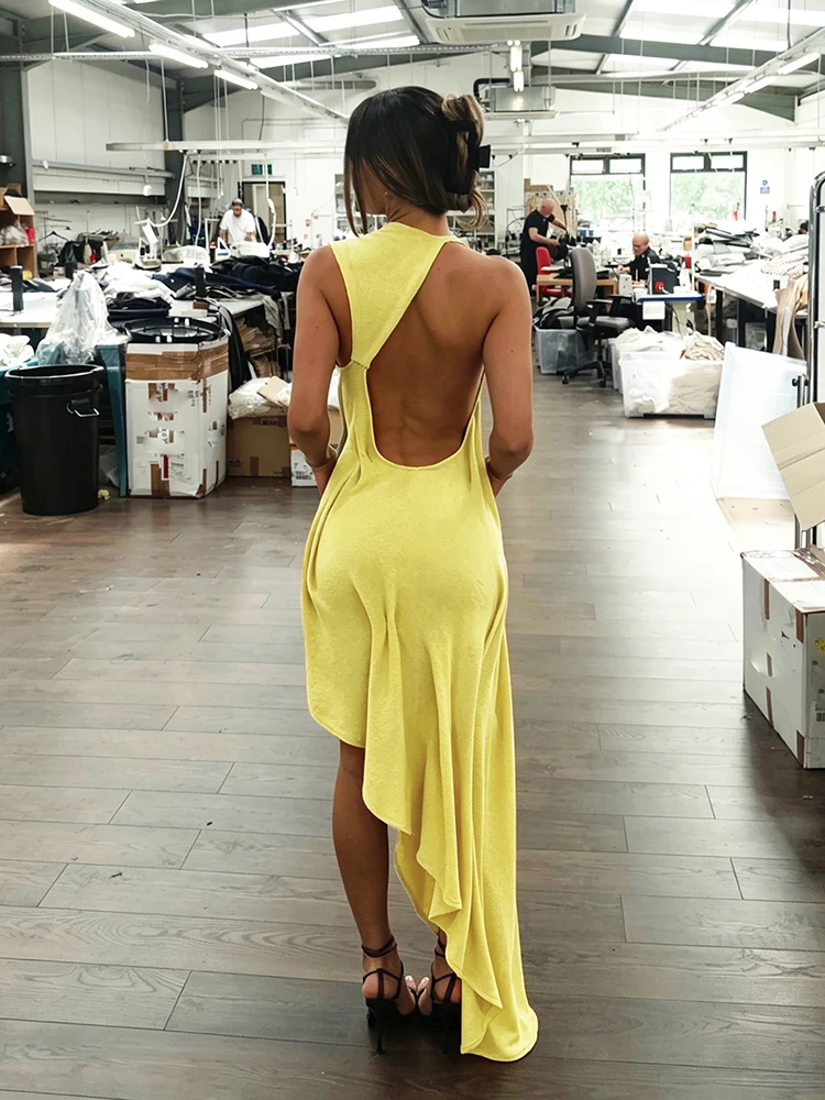 Sisterlinda Trend Mode Sexy Langes Kleid Damen Rückenfrei O-Ausschnitt Ärmellos Unregelmäßiger Saum Urlaub Gerafftes Elegantes Kleid – Detail 14