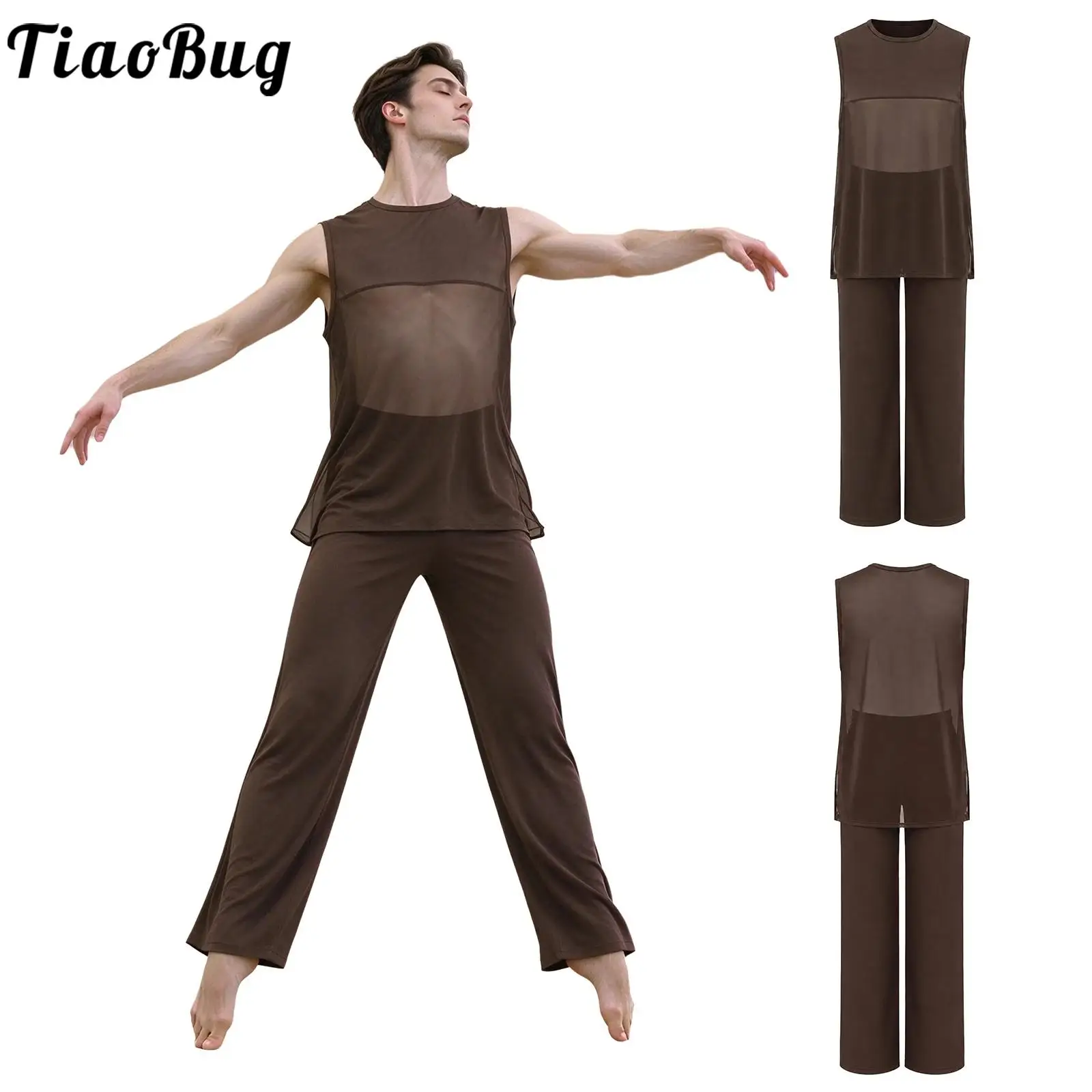 Men Lyrical Ballet Modern Dance Outfit Tango Jazz Sets Sleeveless Mesh Patchwork Tank Top And Pants for Performance Competition