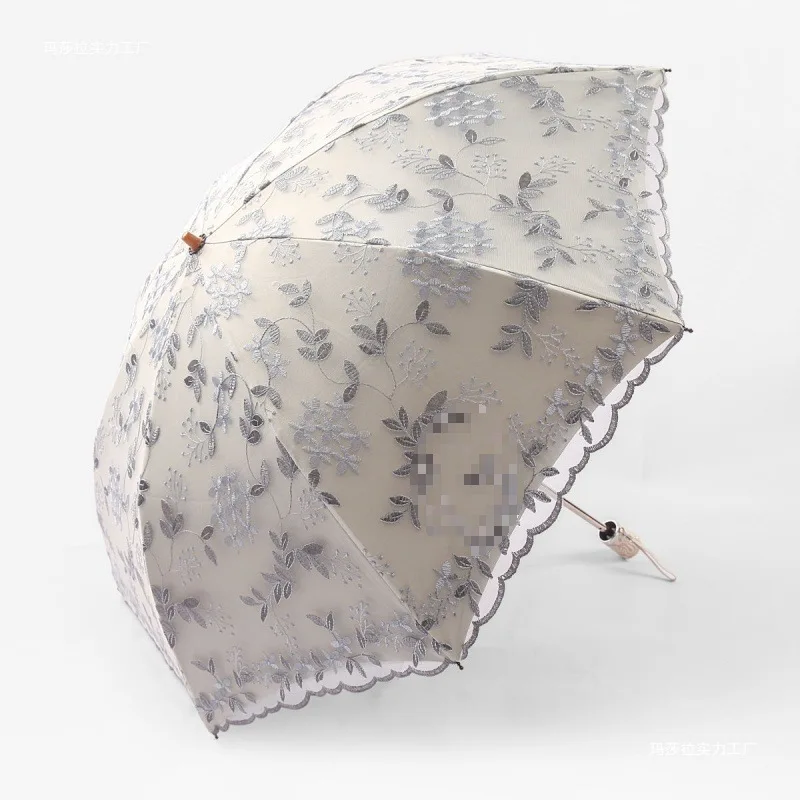 2024 New Arrival Womens Lace Embroidered Princess Umbrella Small Fresh Black Glue UV Proof Steel Frame Sun Rain Umbrella