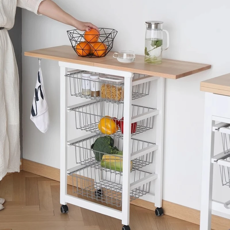 Italian Kitchen Solid Wood Storage Cart with Cutting Board Countertop Multi-Layer Rack Fruit