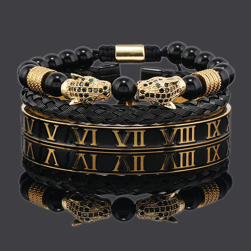 Luxury Black Stone Beads Leopard Head Man Bracelet Enamel Stainless Steel Roman Bangles Women Jewelry Set