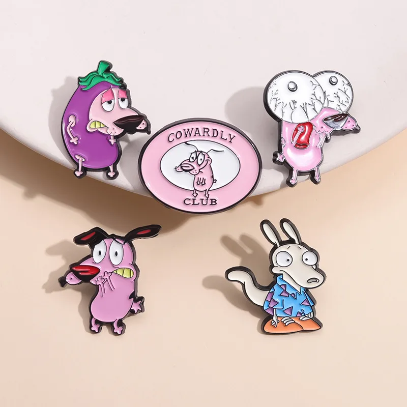 Cartoon Pink Dog Enamel Pins Cute Courage Cowardly Puppy Brooches Lapel Badge Fashion Jewelry Accessories Gift for Kids Friends