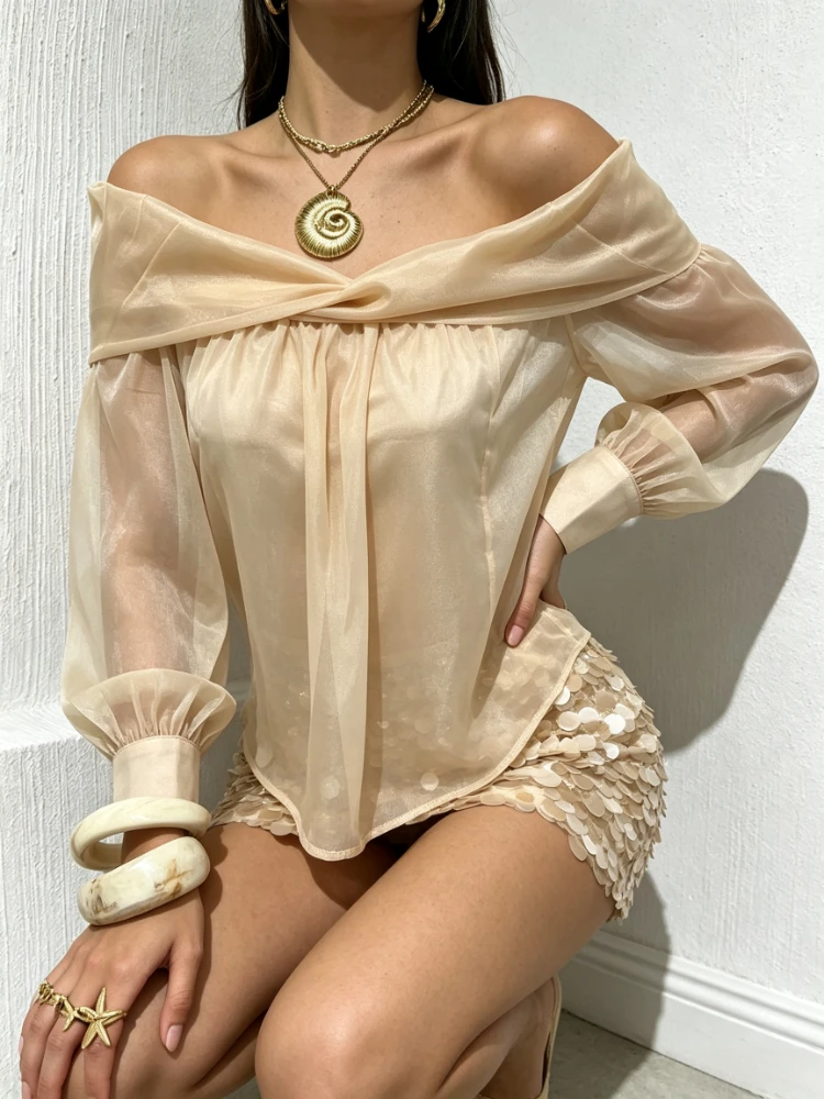 Nouvelle Blouse Chic d'Automne Élégante à Épaules Dénudées, Couleur Unie, Manches Longues, Décontractée, pour Fêtes et Quotidien, avec Empiècements en Maille