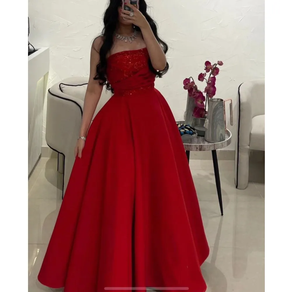 Gaun malam panjang wanita gaun Prom merah bahu terbuka A-line gaun Cocktail Formal baru tanpa lengan 2024 Gown Gown