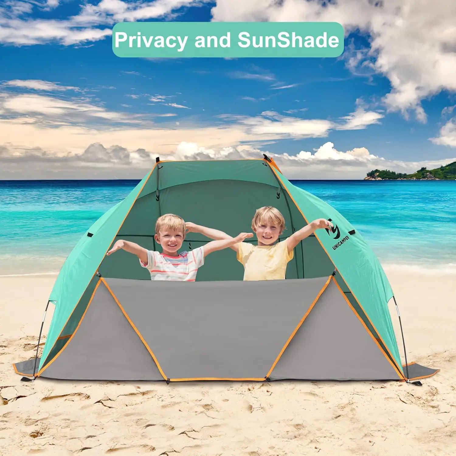 Beach Tent 3 Person Sun Shelter UPF 50+ with Extended Waterproof Pe Floor & 3 Mesh Roll Up Windows Fits