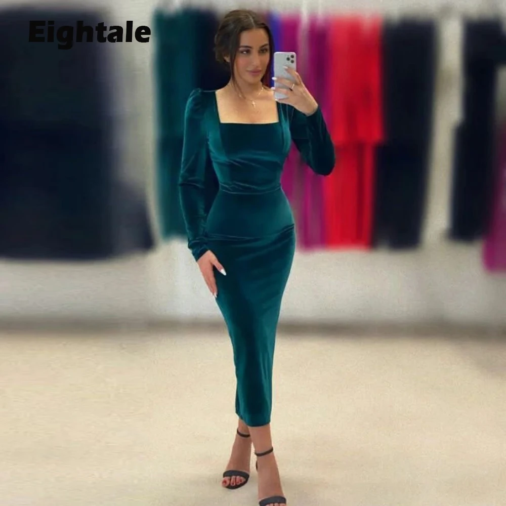 

Eightale Emerald Green Evening Dress for Wedding Party Velvet Long Sleeves Formal Occasions Sexy Mermaid Arabic Prom Gowns