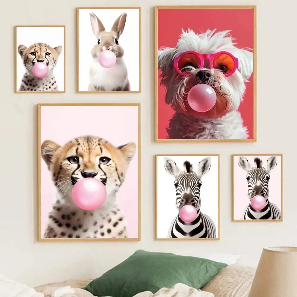 Animals Blowing Bubble Gum Posters Living Room Bar Cafe Quality Canvas Vintage Style Comics Painting Art Home Wall Decor Pictur