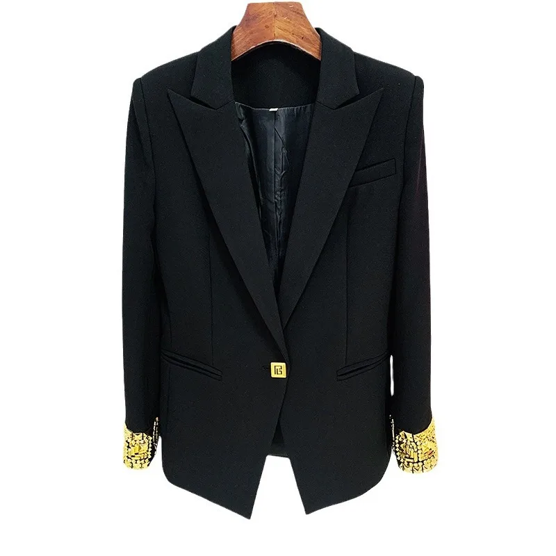 women's formal outwear lapel gold embroidery flares one button long sleeve blazer jacket coat