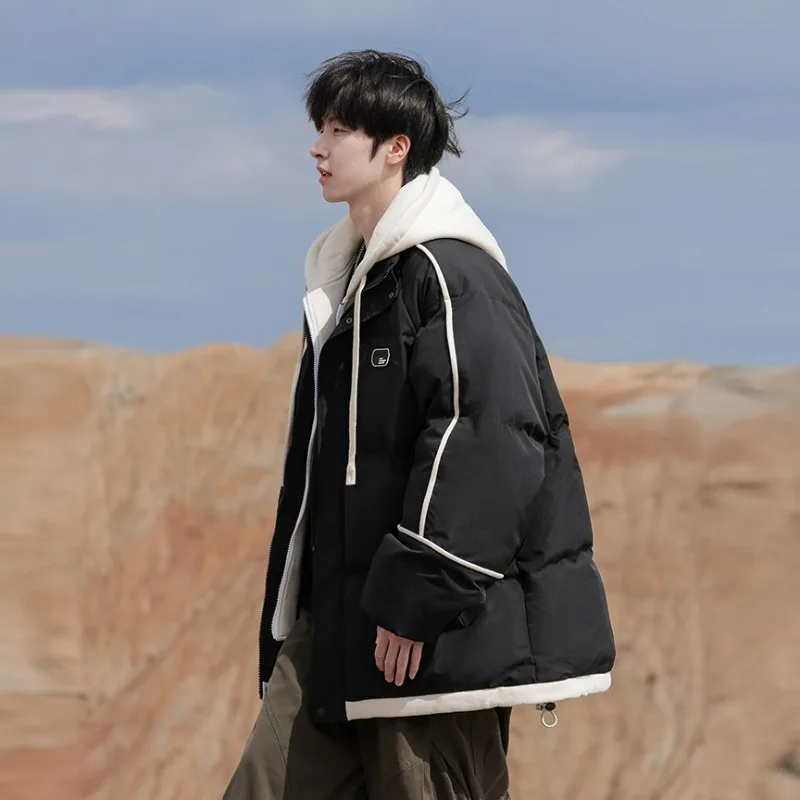 KIDWHXR Man Outdoor Casual Jacket Streetwear Loose Patchwork Male Hooded Coat Thicken Warm Long Sleeve Versatile Men Outerwear