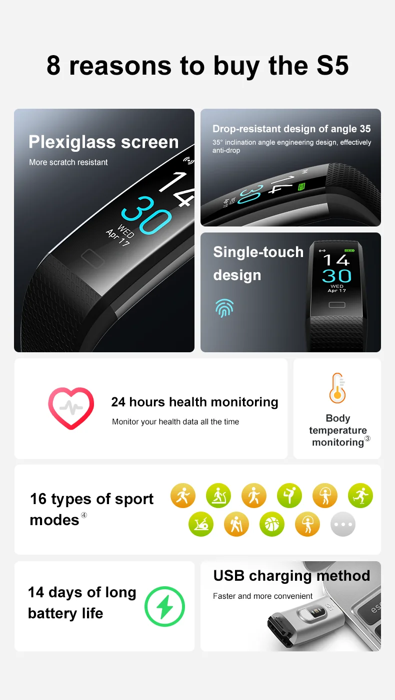 Smart Sport Pulseira Saúde Pulseira, 16 Modos De Fitness, 7 Dias De Trabalho, IP68 À Prova D 'Água, Atender Chamada De Telefone, Temperatura, Calorias