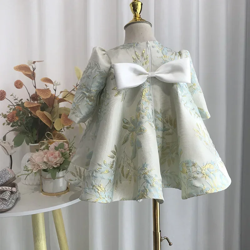 Customized Elegant Evening Party Kids Dress Bow O-Neck Long Sleeve Flower Girl Dresses Flower Print Princess Ball Gown Girls Bir