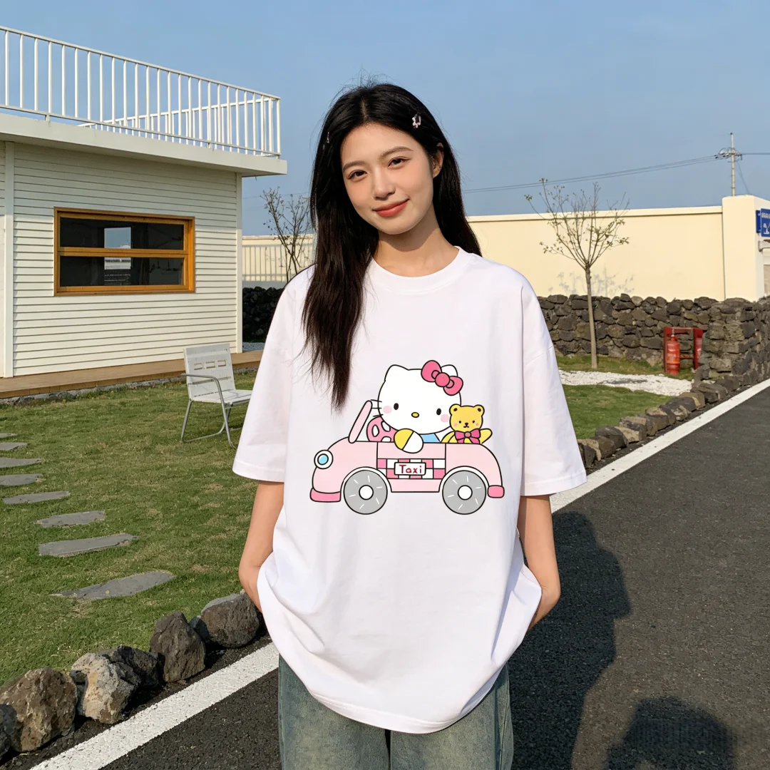 

Летние футболки из чистого хлопка с принтом Hello Kitty 2026 года, с коротким рукавом, для женщин, семейные комплекты, классические универсальные футболки