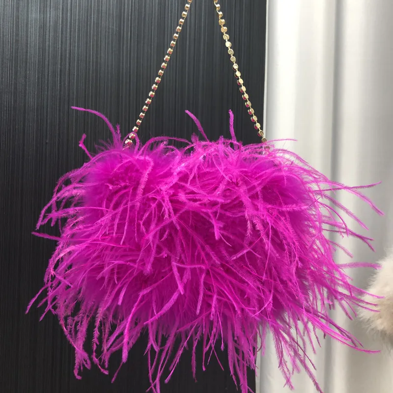 

Fashion Rose red Ostrich Feather Shoulder Bag Women Luxury Evening Cltuches Wedding Handbag Match Prom Party Crossbody Purse