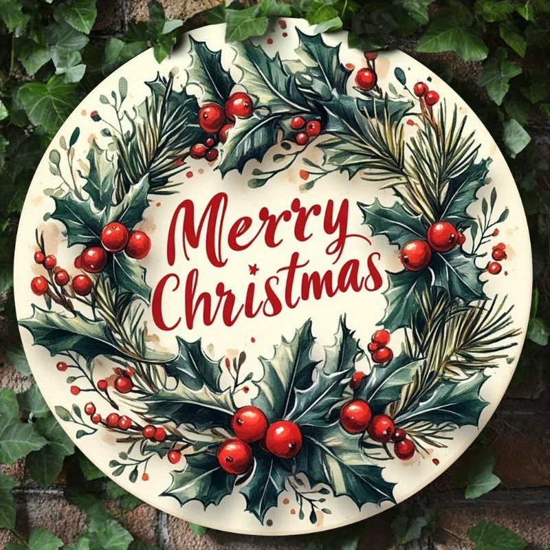 Merry Christmas Wreath Aluminum Sign, Flat Metal Decorative Plate, Durable Party Decor for Home, Office, Kitchen, Christmas Gift