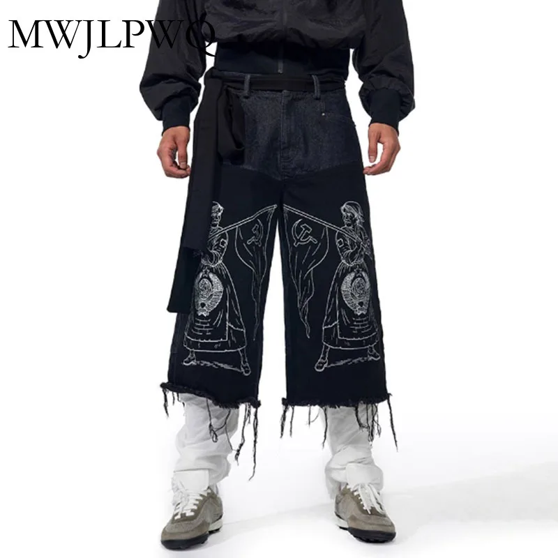 

MWJLPWQ Chinese Embroidery Cowhide Cropped Jeans Men 2025 Summer Character Print Patchwork Niched Design Tassel Shorts 010982