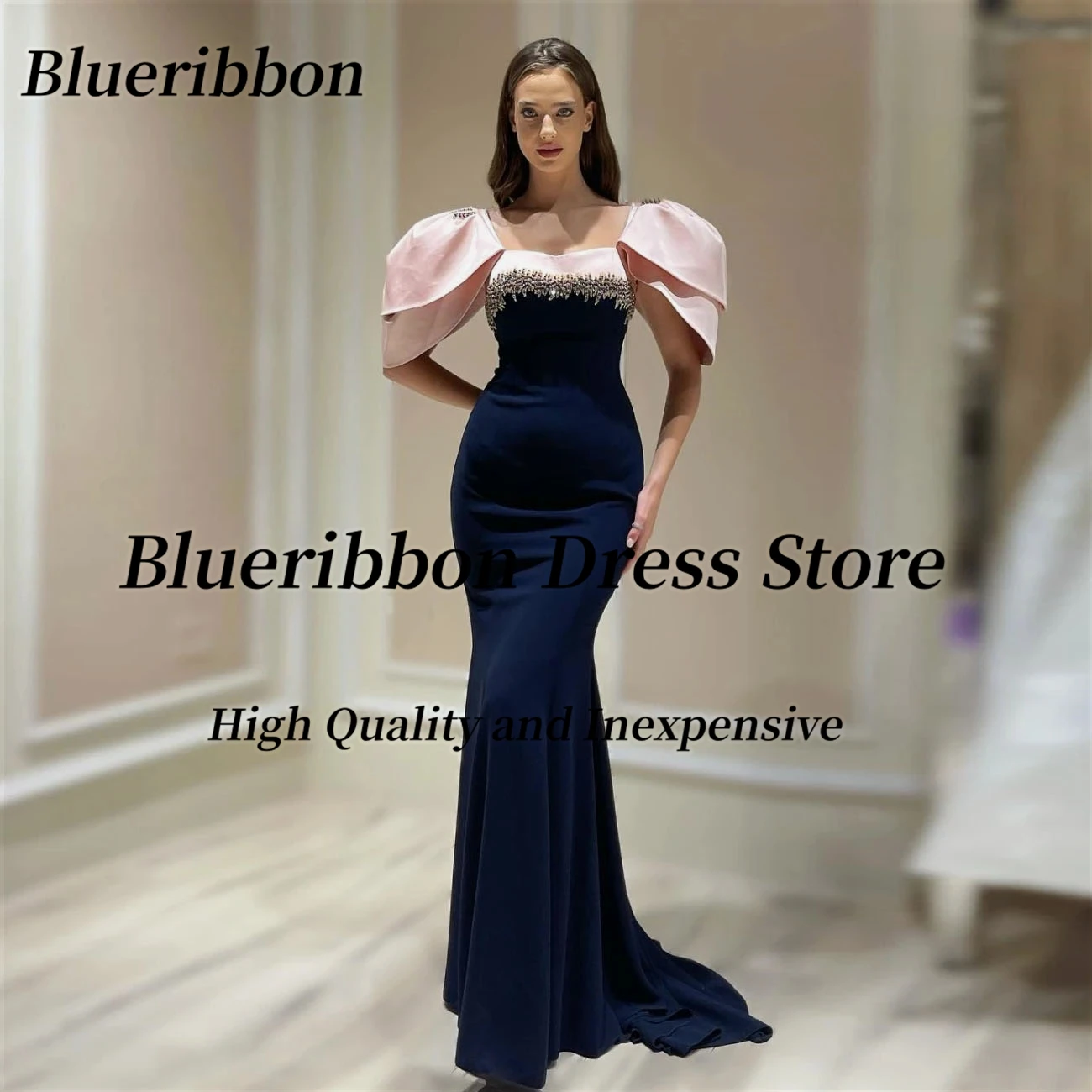 

Blueribbon Contrast Color Prom Dresses 2026 Portrait Neck Customized Beaded Evening Gowns Zipper Back Wedding Party Dress