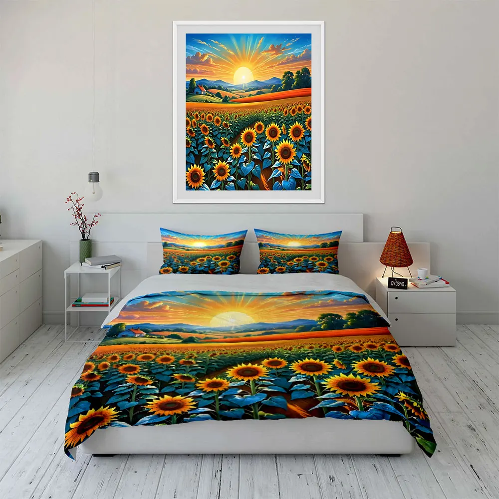 Sunflowers in field with sunrise Pattern Duvet Cover Set Digital Print Colorful Polyester Bedding with Zipper Closur for gifts