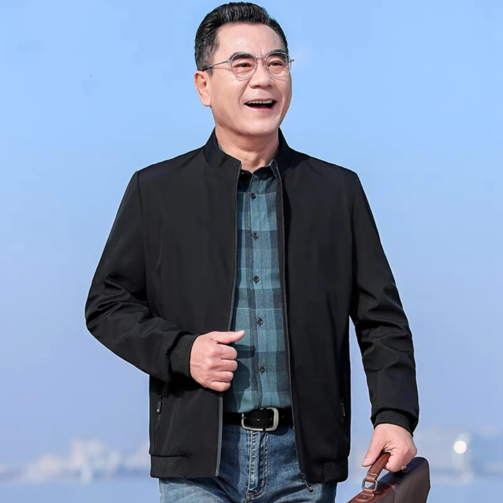 

Повседневная куртка с тонким воротником-стойкой для папы, весенне-осенняя мужская свободная посадка для среднего возраста, Busin Gentleman Sle, необрастающая полиэтиль...