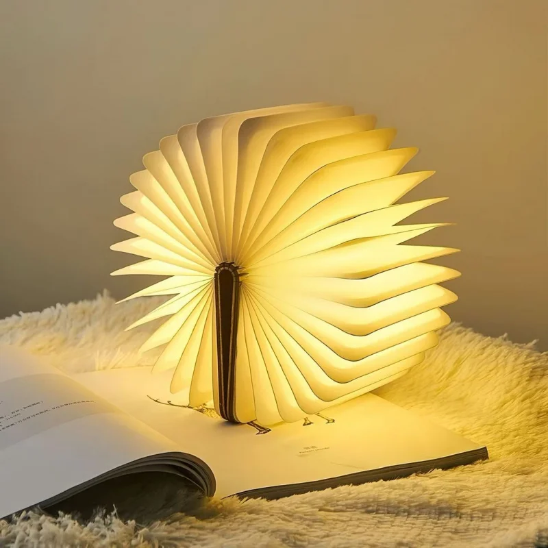 Livro de papel de capa de madeira criativa com páginas DuPont, luz noturna LED, lâmpada de cabeceira portátil de bolso dobrável