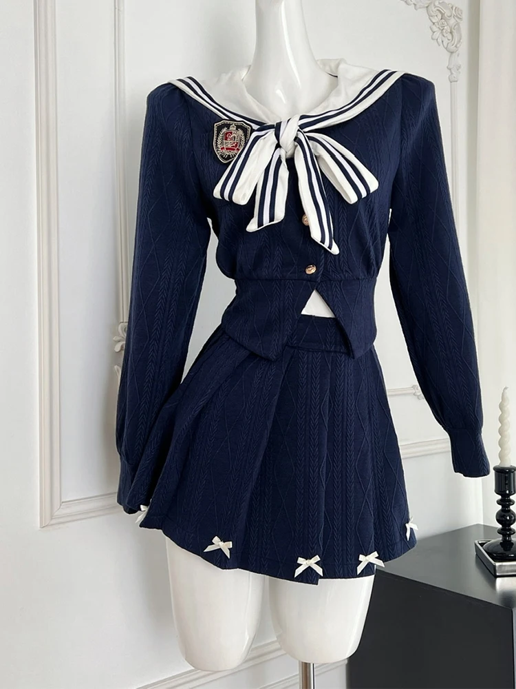 Otoño Invierno mujer coreano lindo Preppy 2000s trajes estéticos conjunto de 2 piezas cárdigan de manga larga suéter + Mini faldas plisadas