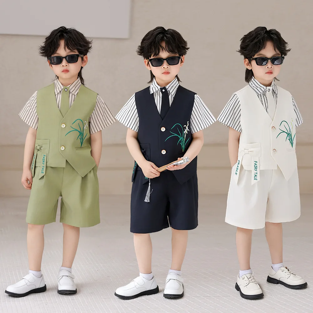 Kids Waistcoat Suit Embroidery Short Sleeve Shirt Bow Ribbon Shorts for Summer Daily Photo Shoot Wedding Birthday Formal Costume