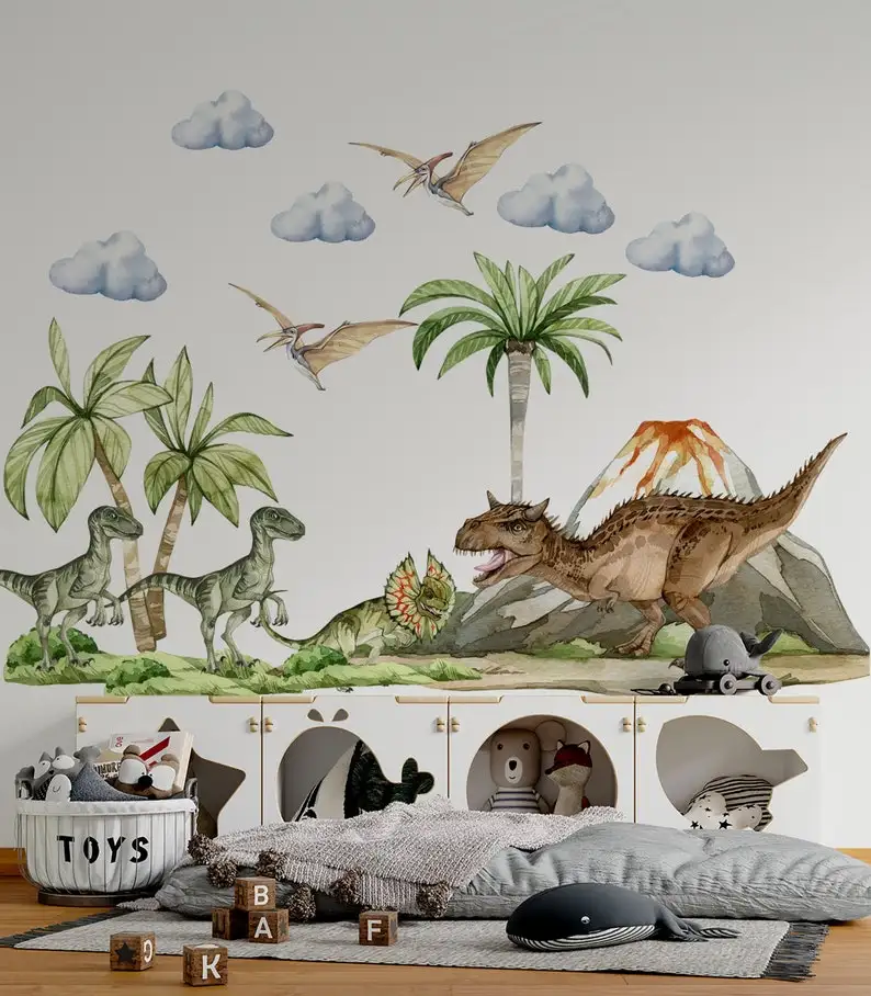 dinosaur wall decal big set, Jurassic World in boy room, dinosaur stickers, dinosaur wall art, kids wall sticker, dinosaur decor