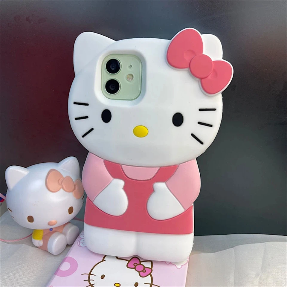 Sanrio 3D Stereoscopic Hello Kitty Cases For iPhone 16 15 14 13 12 11ProMax Mini XR XS 8Plus Soft Silicone Shockproof Back Cover