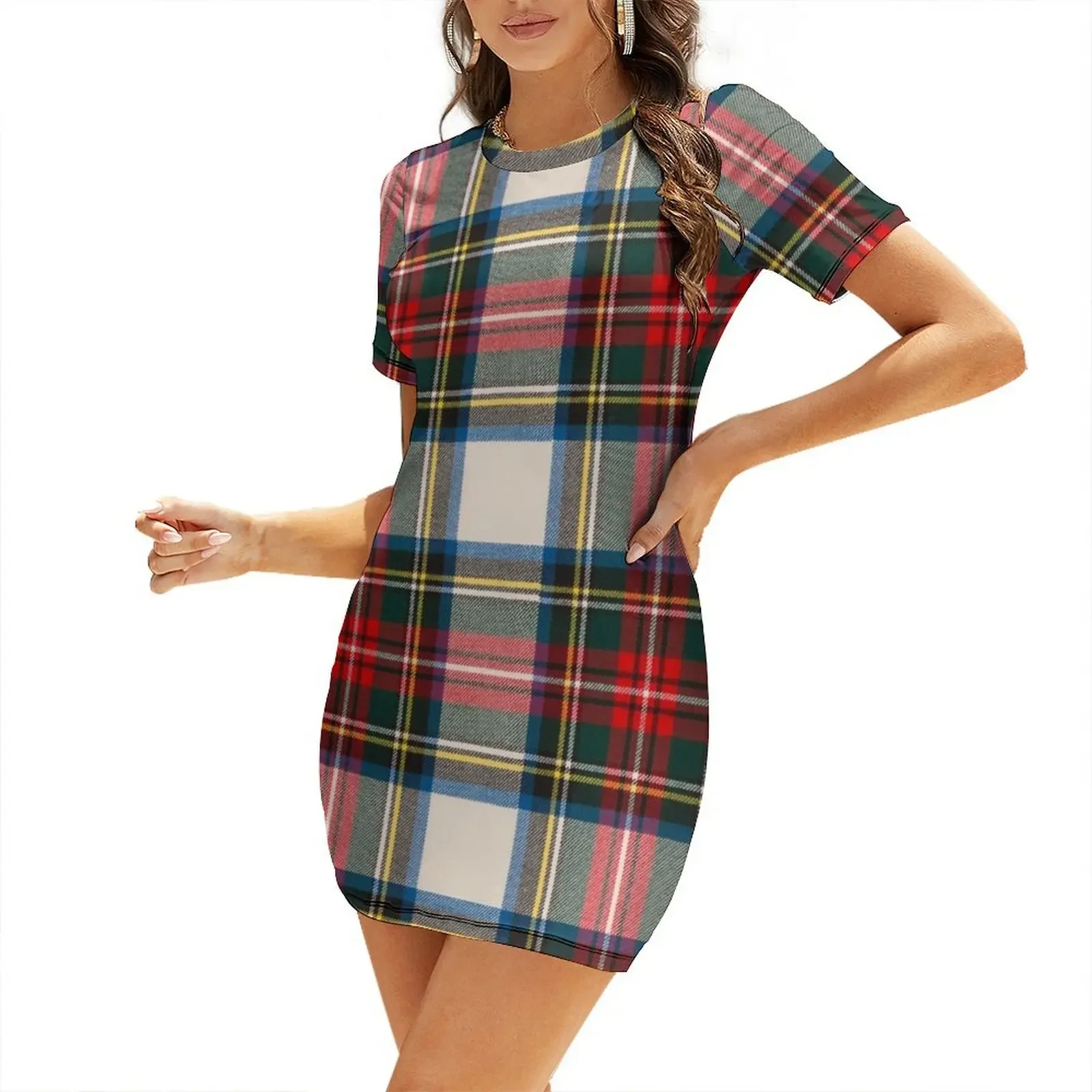 

Scottish Dress Tartan Printed Pattern, White and Red Stewart Clan Short-Sleeved Dress Woman fashion Dress