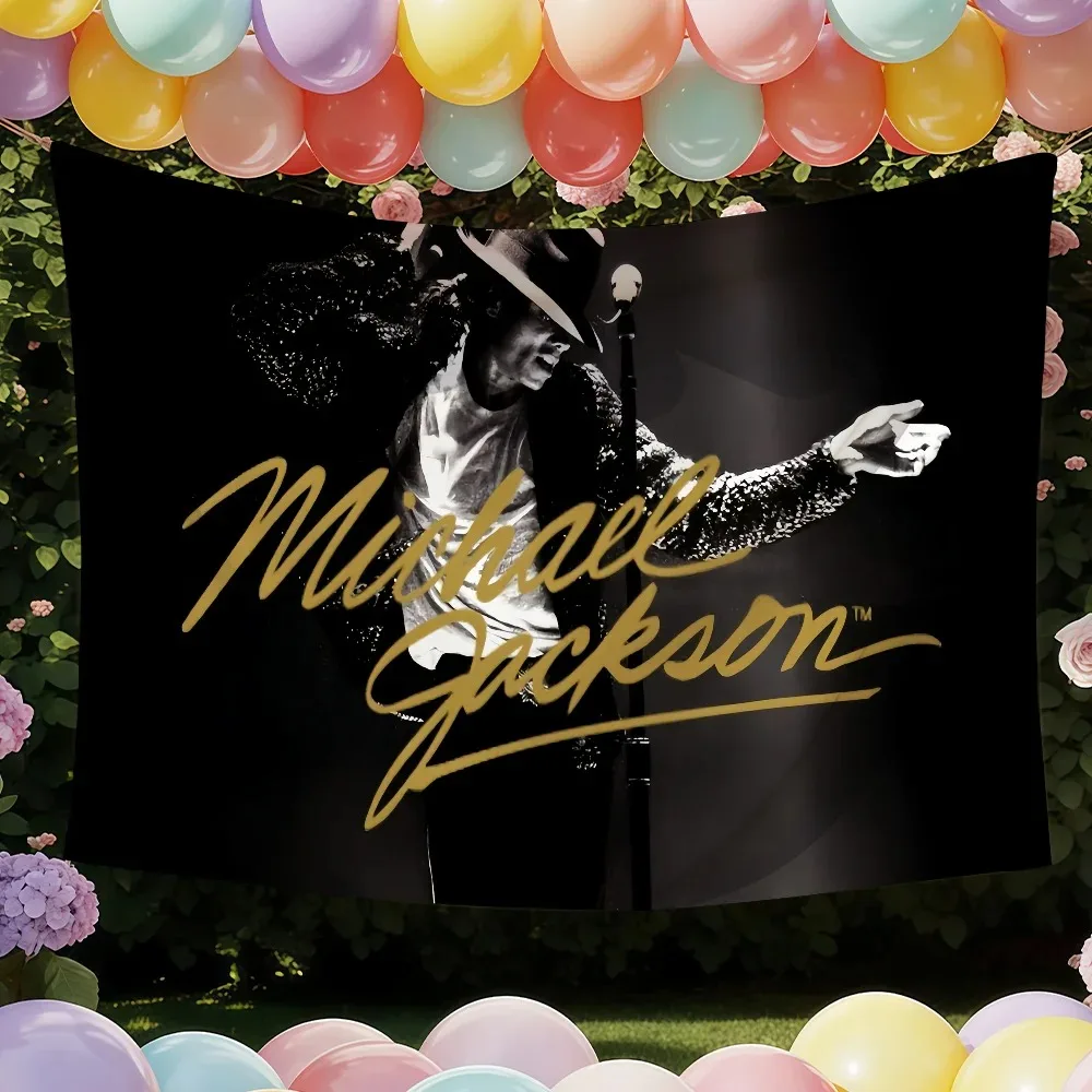 Michael Jackson Fedora Hat Stage Dance Tapestry, Black Background Gold Cursive Signature Black White Portrait Print Wall Hanging