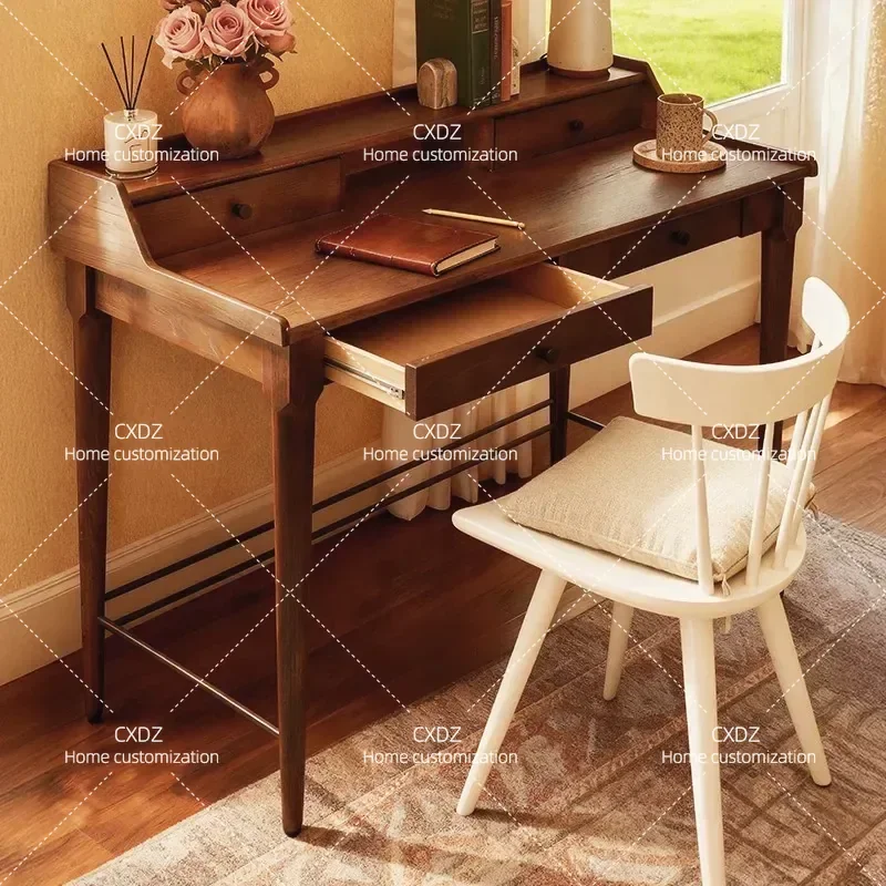 Nordic Solid Wood Desk Simple Writing Table Walnut Color Study Computer Desk for Small Apartment Bedroom Dressing Table