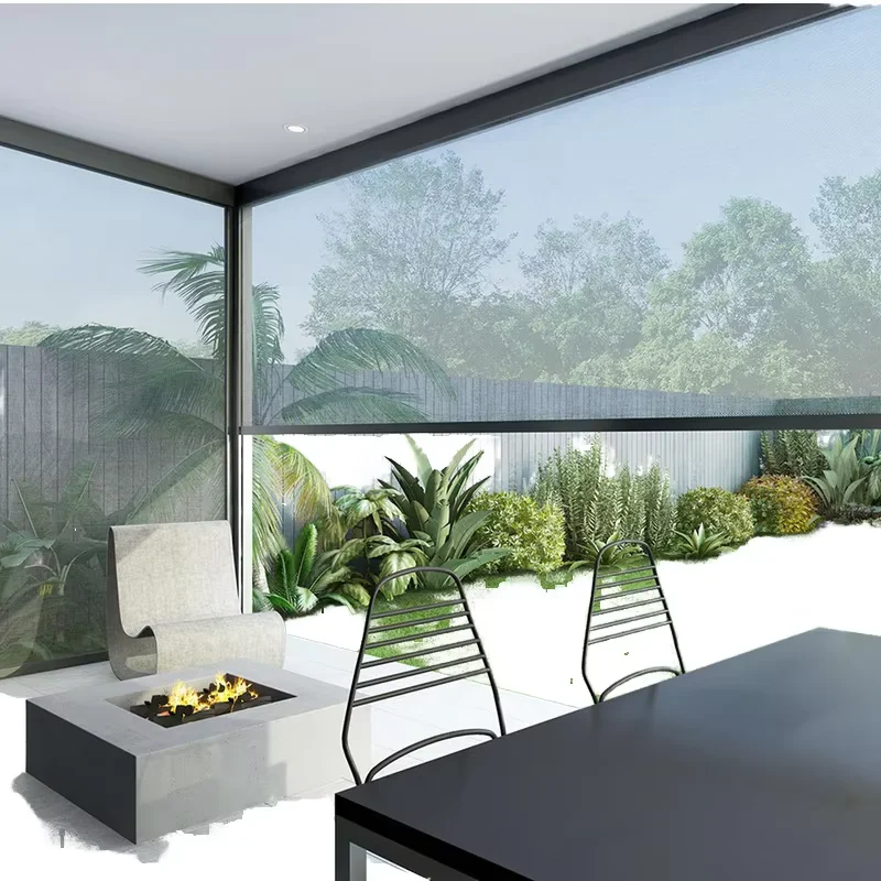 

Customized Outdoor Vertical Drop Awning Smart Windproof Ziptrack Roller Blinds for Garden Building Remote Control